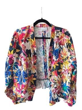 FOIL Floral Linen Blend Jacket Blazer Size 14 Colorful Cropped Lightweight Boho